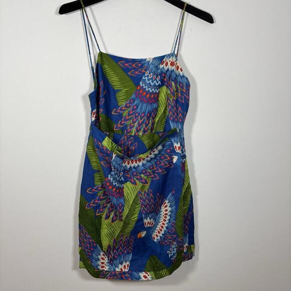 FARM RIO Mini Wrap Dress Small Blue Macaw Print 100% Linen NWT Colorful Tropical - Picture 7 of 8